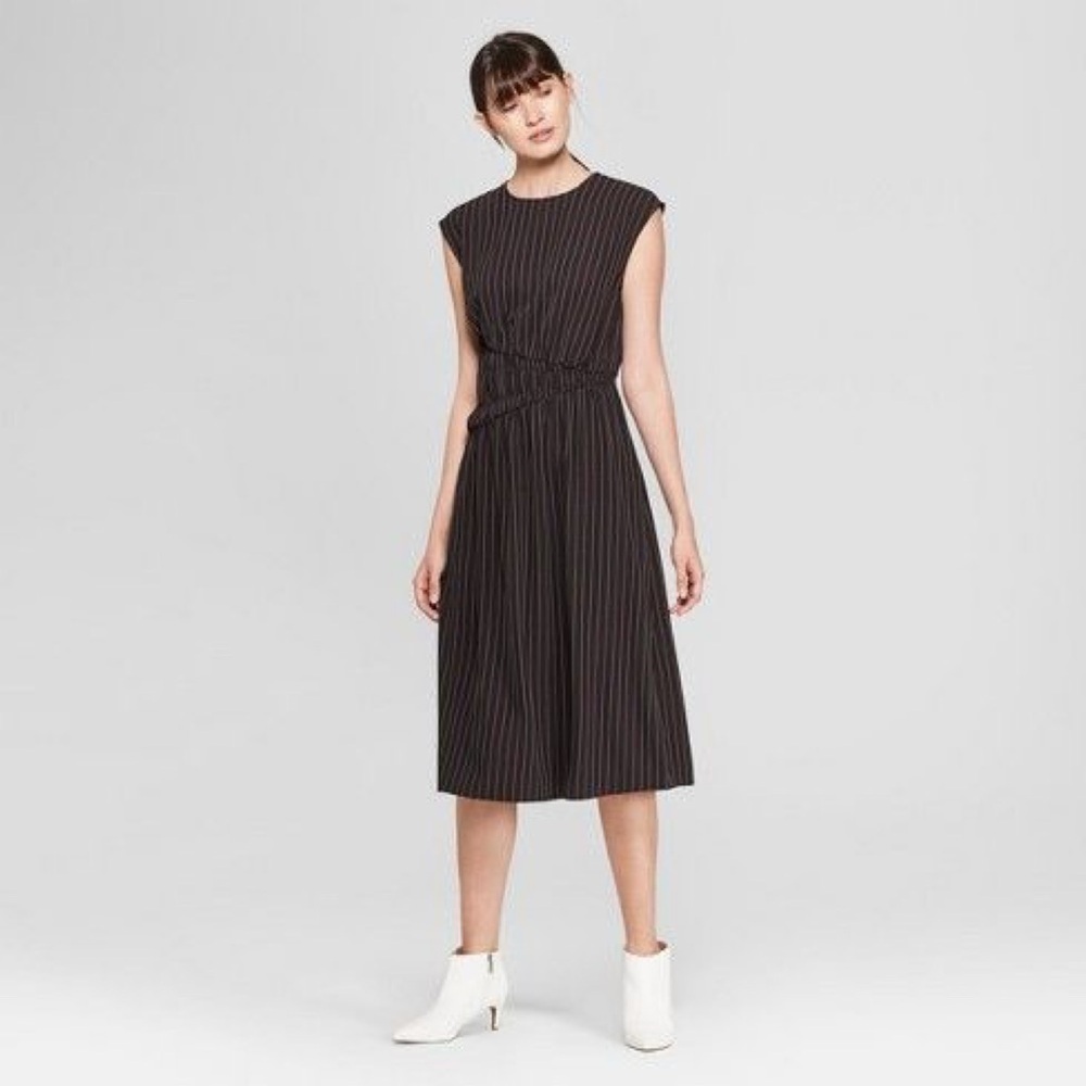 Prologue Pin Stripe Black Cinched Waist Cap Sleeves Chic Work Office Dress M